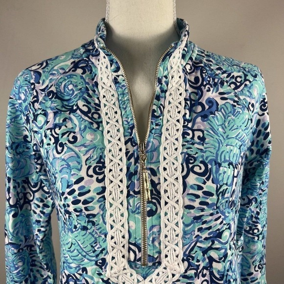 Lilly Pulitzer Blue Janie Pop Over Quarter Zip Sweatshirt Size XS UPF 50 - Picture 2 of 14